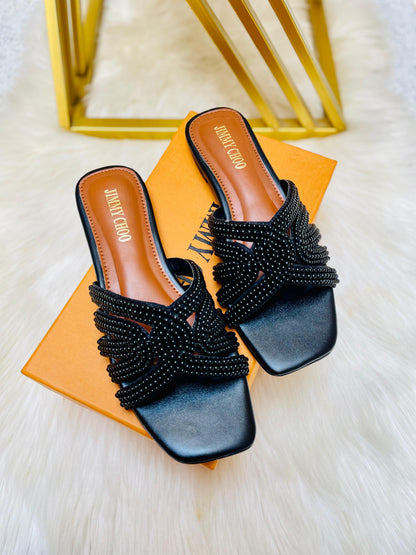 J-I-M-M-Y C-H-O-O Luxury Pearl Flat Slippers | Elegant Edition (Black)
