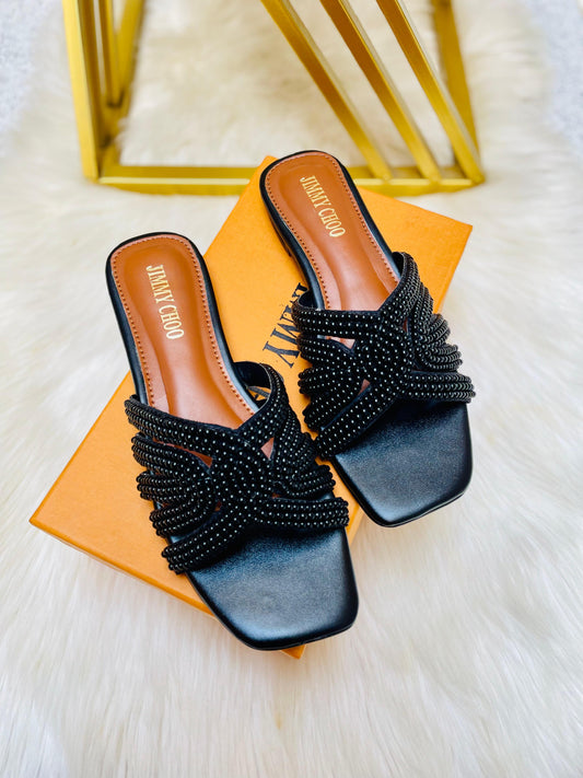 J-I-M-M-Y C-H-O-O Luxury Pearl Flat Slippers | Elegant Edition (Black)