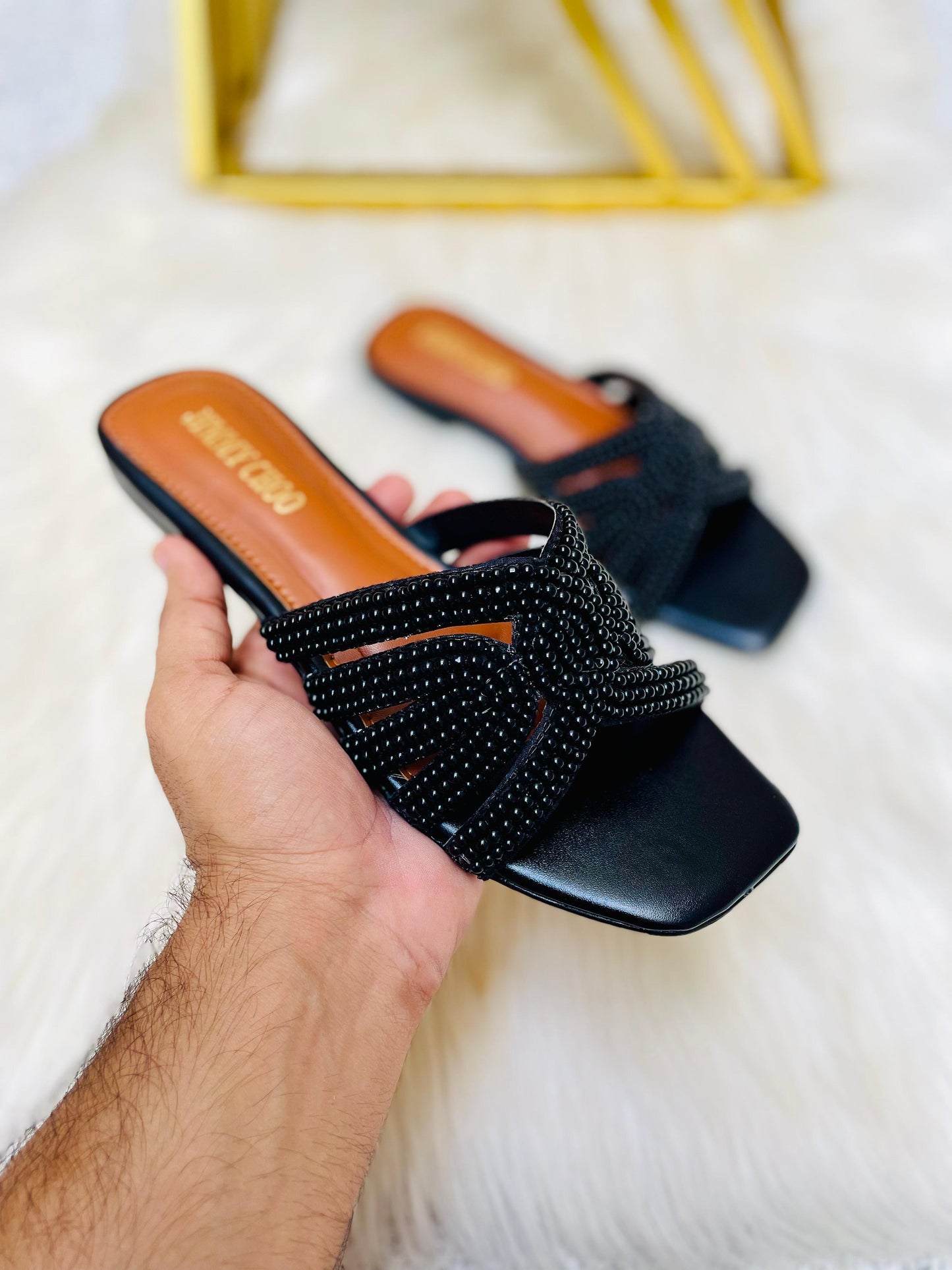 J-I-M-M-Y C-H-O-O Luxury Pearl Flat Slippers | Elegant Edition (Black)