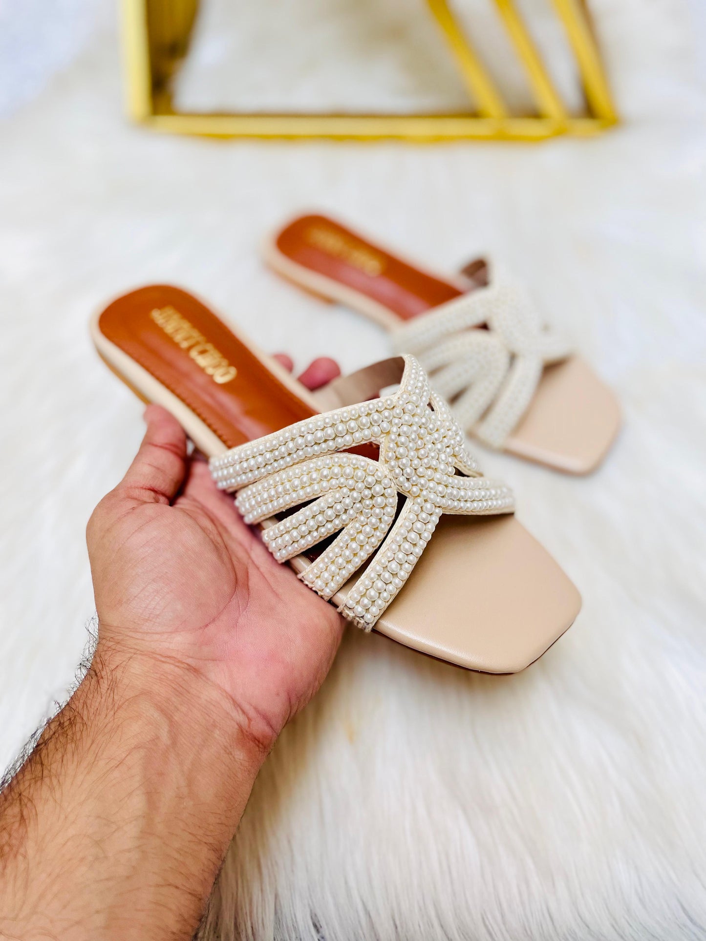 J-I-M-M-Y C-H-O-O Luxury Pearl Flat Slippers | Elegant Edition (Beige)