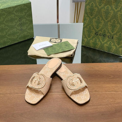 G-U-C-C-I Luxury Monogram Canvas Slides – Premium Women Footwear | Square Toe Edition (Beige)