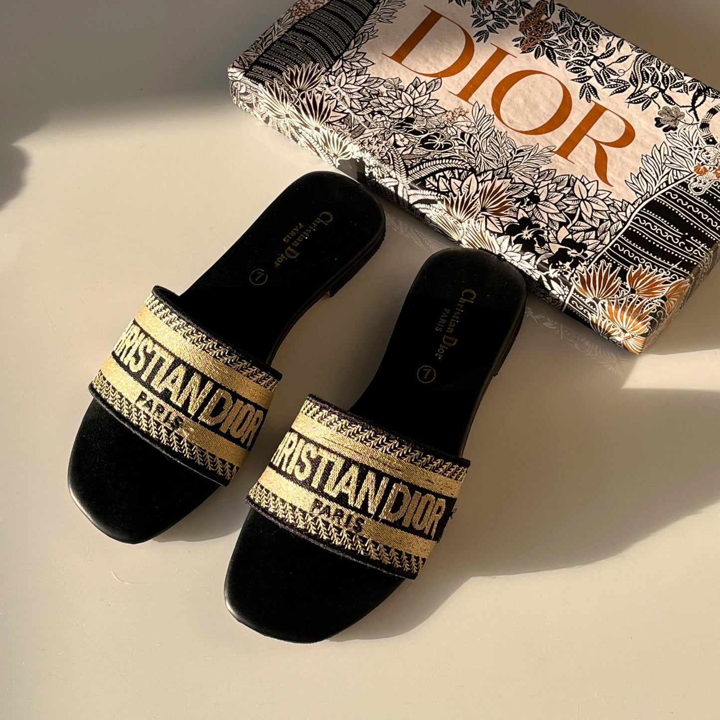 D-I-O-R Luxury Embroidered Flat Slippers – Premium Women Footwear | Elegant Edition