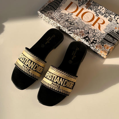 D-I-O-R Luxury Embroidered Flat Slippers – Premium Women Footwear | Elegant Edition