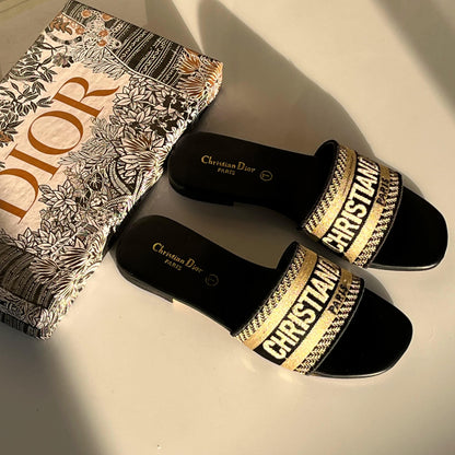 D-I-O-R Luxury Embroidered Flat Slippers – Premium Women Footwear | Elegant Edition