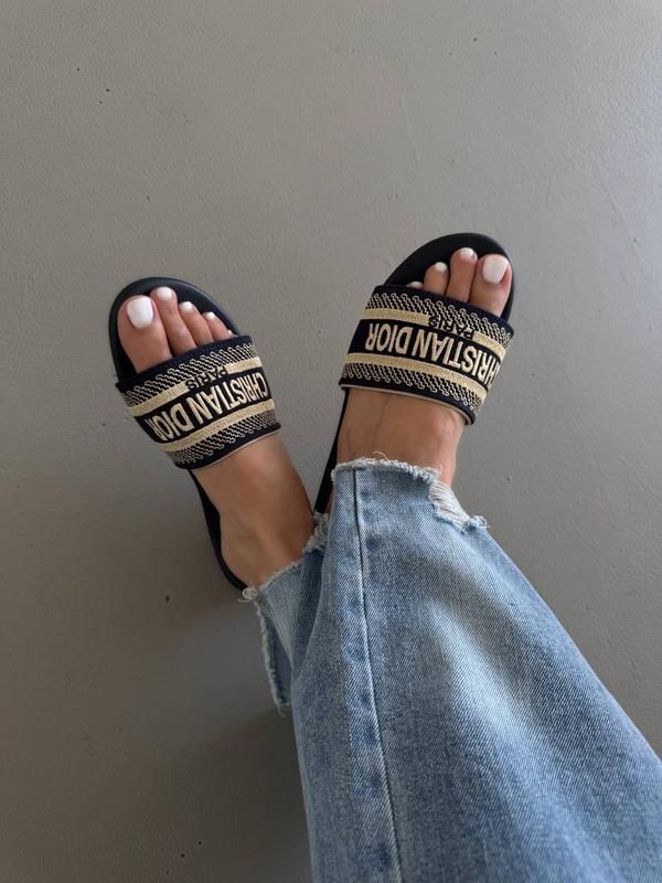 D-I-O-R Luxury Embroidered Flat Slippers – Premium Women Footwear | Elegant Edition