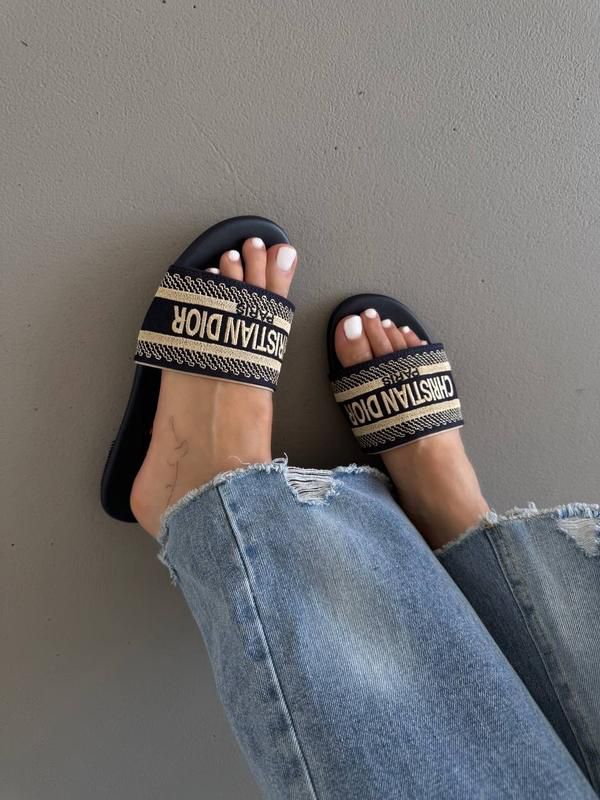 D-I-O-R Luxury Embroidered Flat Slippers – Premium Women Footwear | Elegant Edition