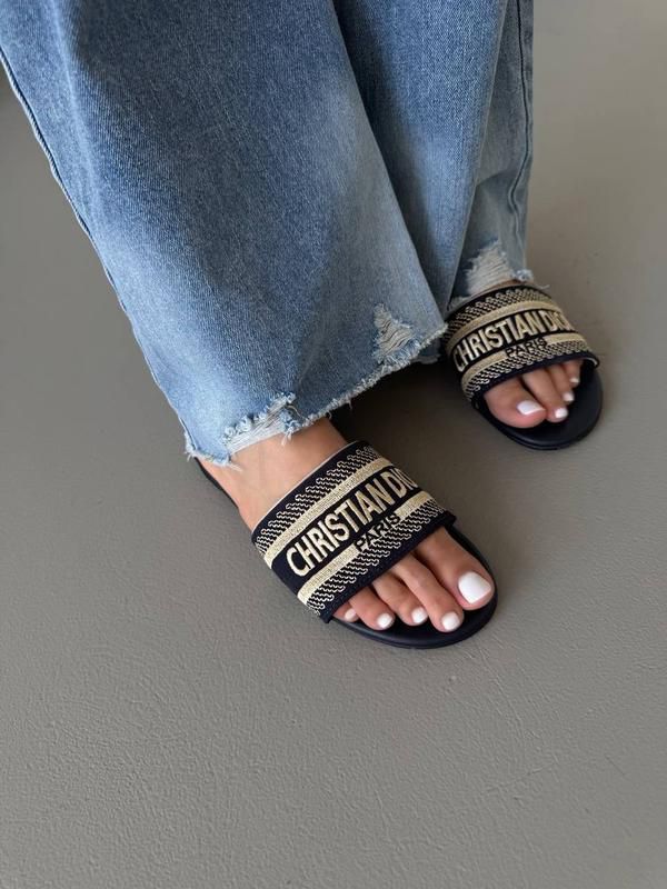D-I-O-R Luxury Embroidered Flat Slippers – Premium Women Footwear | Elegant Edition