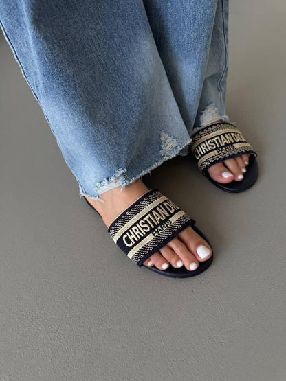 D-I-O-R Luxury Embroidered Flat Slippers – Premium Women Footwear | Elegant Edition