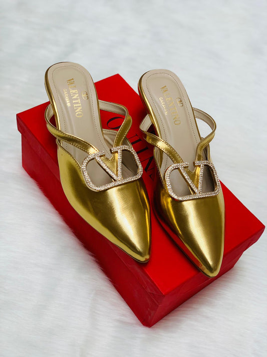 V-A-L-E-N-T-I-N-O Luxury Women Heels – Elegant Pointed Design | Premium Edition (Gold)