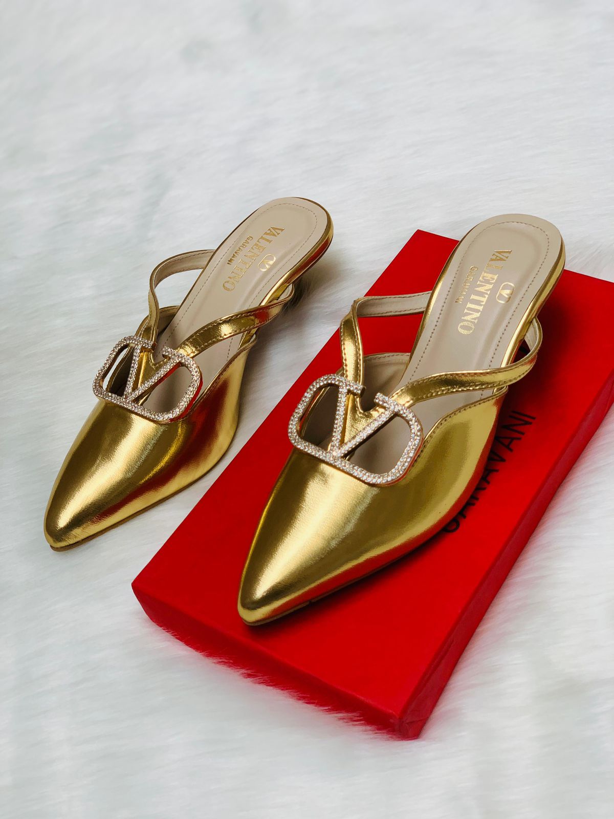 V-A-L-E-N-T-I-N-O Luxury Women Heels – Elegant Pointed Design | Premium Edition (Gold)
