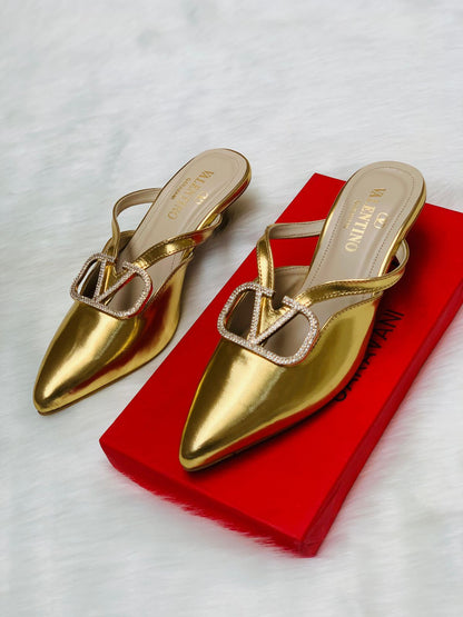 V-A-L-E-N-T-I-N-O Luxury Women Heels – Elegant Pointed Design | Premium Edition (Gold)