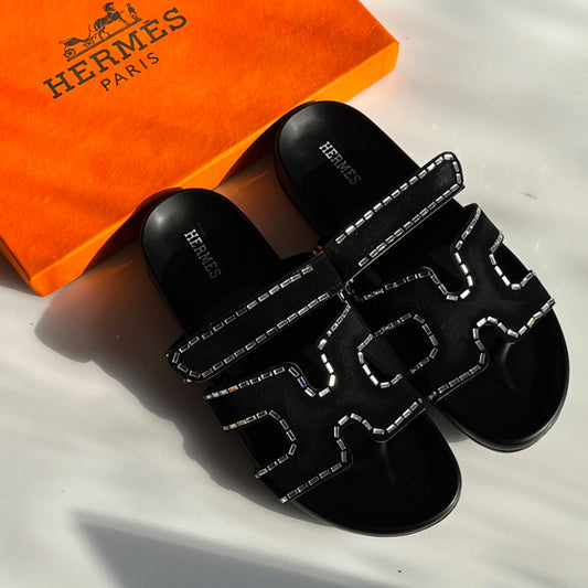 H-E-R-M-È-S Luxury Chypre-Inspired Stone Embellished Sandals – Premium Women Footwear (Black)