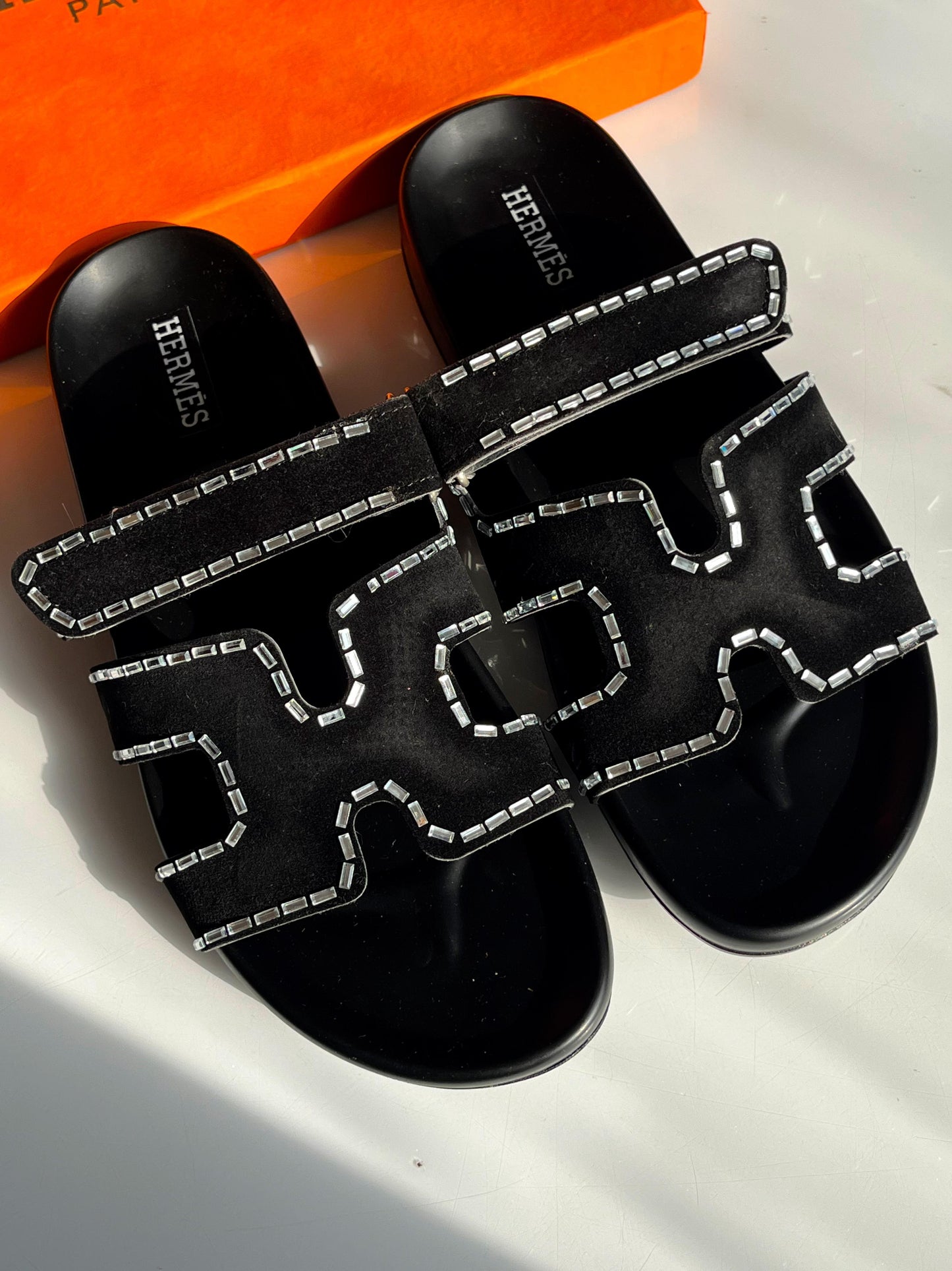 H-E-R-M-È-S Luxury Chypre-Inspired Stone Embellished Sandals – Premium Women Footwear (Black)