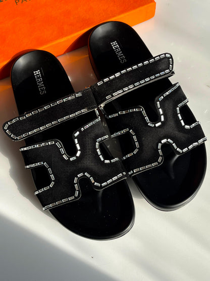 H-E-R-M-È-S Luxury Chypre-Inspired Stone Embellished Sandals – Premium Women Footwear (Black)