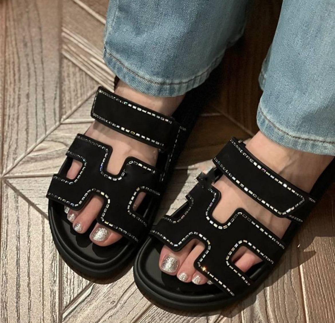 H-E-R-M-È-S Luxury Chypre-Inspired Stone Embellished Sandals – Premium Women Footwear (Black)