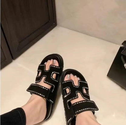 H-E-R-M-È-S Luxury Chypre-Inspired Stone Embellished Sandals – Premium Women Footwear (Black)