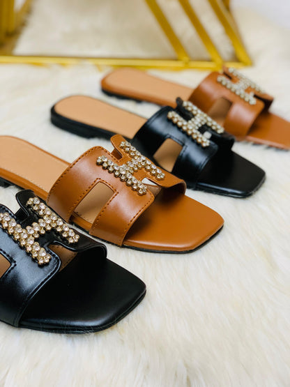 H-E-R-M-È-S Stone Flat Slippers – Elegant Women Footwear (Black)