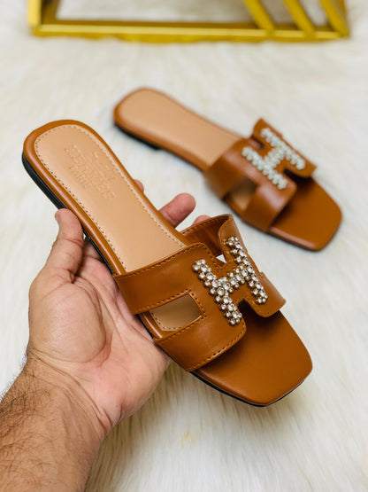 H-E-R-M-È-S Stone Flat Slippers – Elegant Women Footwear (Brown)