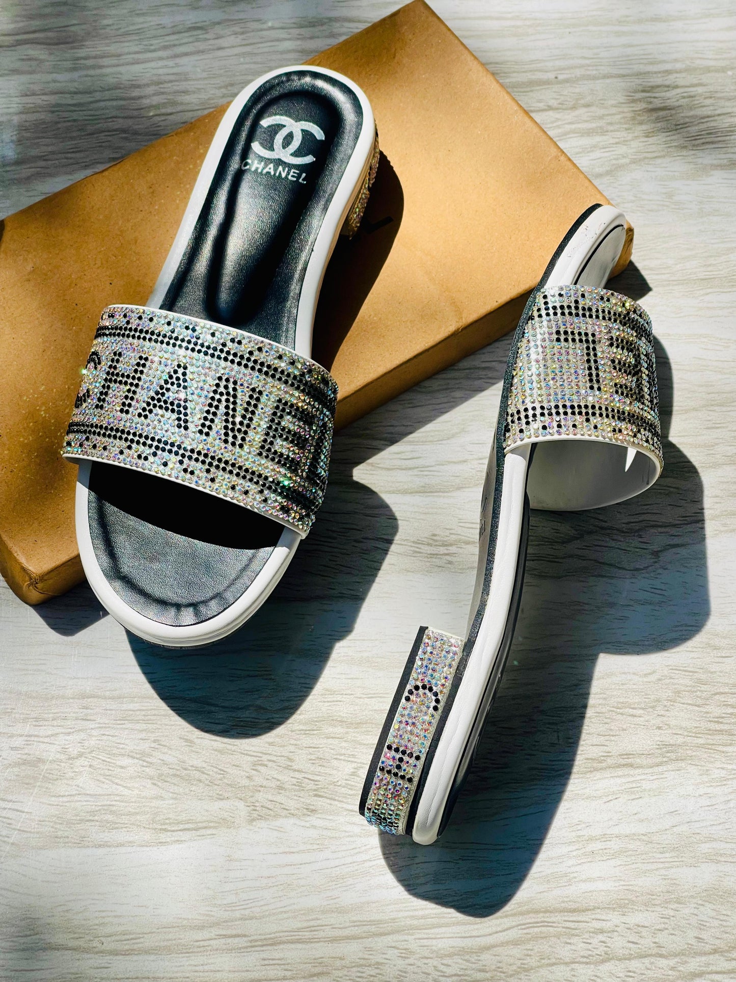 C-H-A-N-E-L Stone Heels – Elegant Women Footwear (Silver)