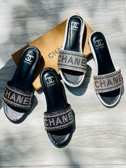 C-H-A-N-E-L Stone Heels – Elegant Women Footwear (Silver)