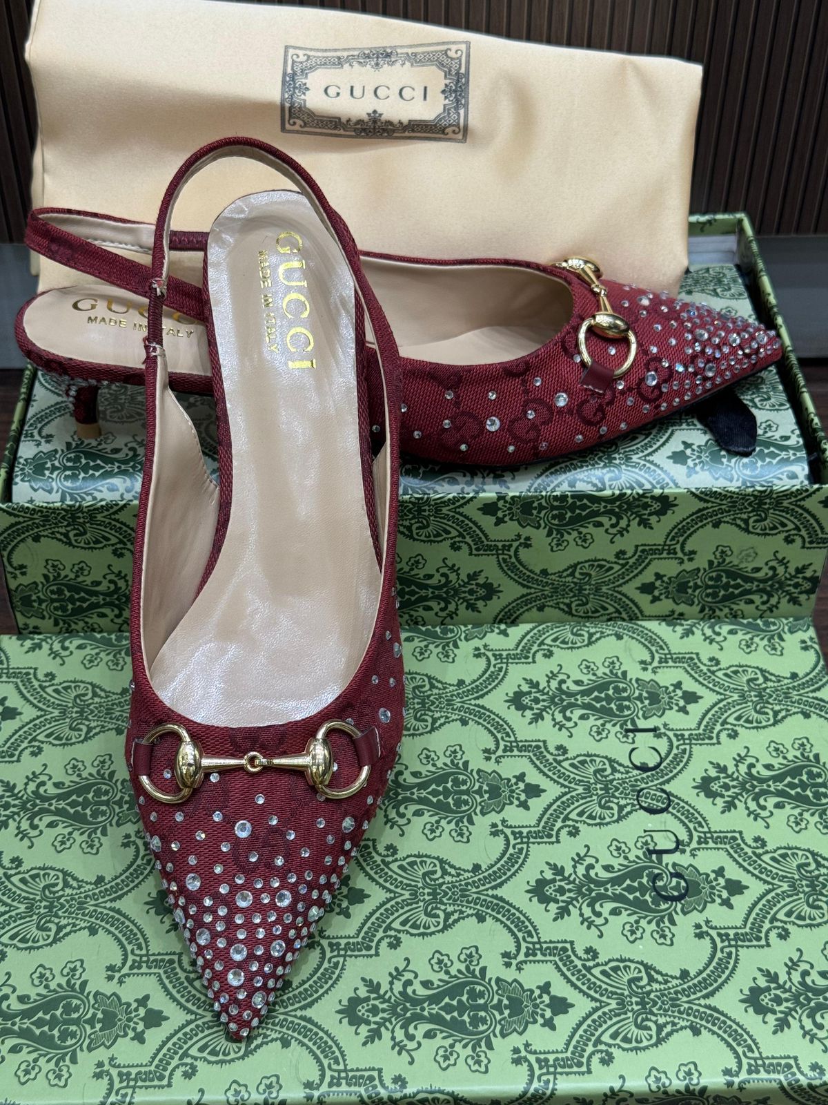 G-U-C-C-I Women’s Slingback Crystal Horsebit Heels – Premium Edition (Red)