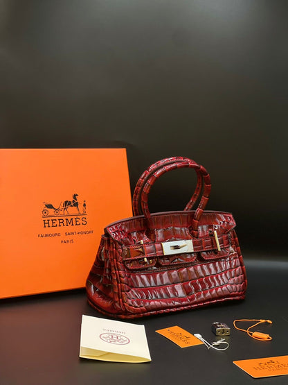 H-E-R-M-È-S Style Croc-Embossed Mini Top-Handle Women Bag – Luxury Inspired (Maroon)