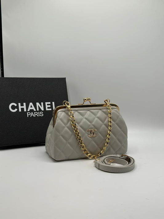 C-H-A-N-E-L Quilted Kiss-Lock Mini Shoulder Women Bag – Vintage Elegance (Grey)