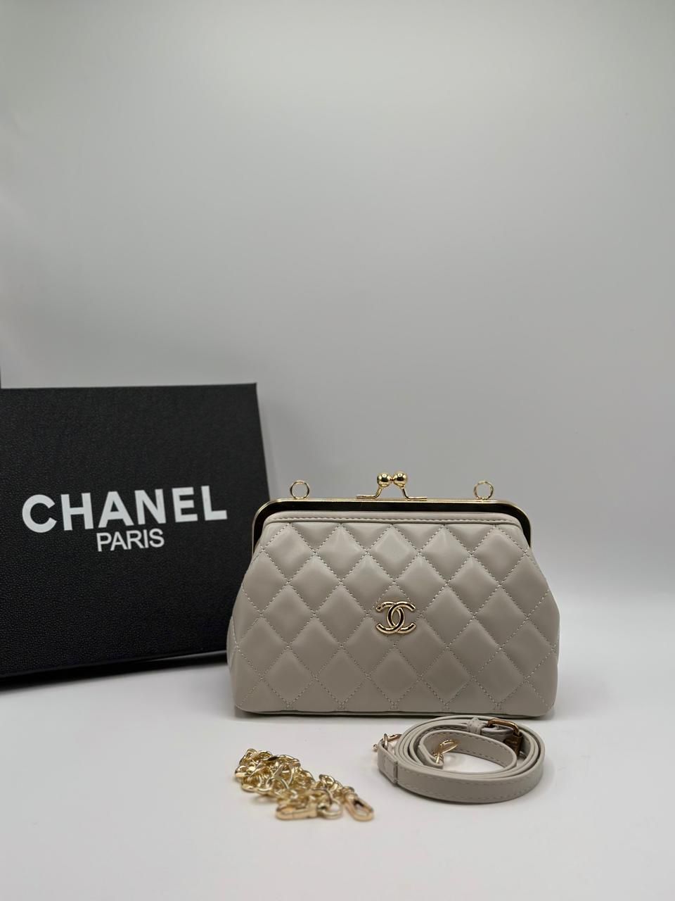C-H-A-N-E-L Quilted Kiss-Lock Mini Shoulder Women Bag – Vintage Elegance (Grey)