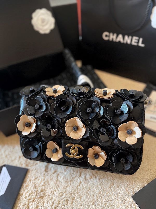 C-H-A-N-E-L Rectangular Camellia Flap Women Bag – Premium Edition (Black)