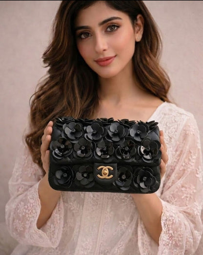 C-H-A-N-E-L Rectangular Camellia Flap Women Bag – Premium Edition (Black)