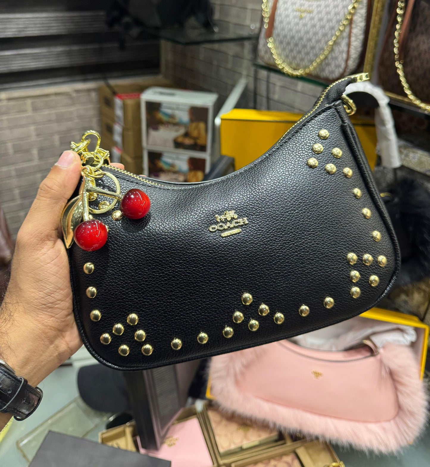 C-O-A-C-H Teri Shoulder Women Bag with Rivets – Master AAA Quality (Black-2)