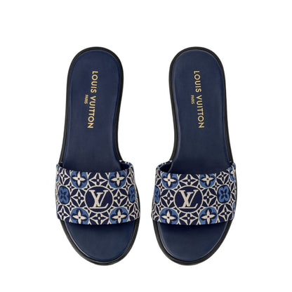 L-O-U-I-S V-U-I-T-T-O-N Embroidery Flat Slippers – Official Model Women Footwear (Blue)