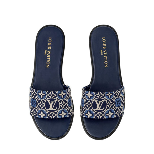 L-O-U-I-S V-U-I-T-T-O-N Embroidery Flat Slippers – Official Model Women Footwear (Blue)