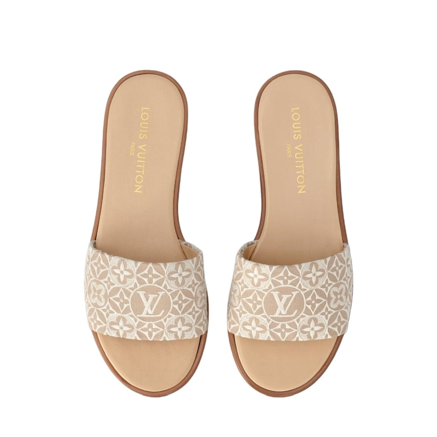 L-O-U-I-S V-U-I-T-T-O-N Embroidery Flat Slippers – Official Model Women Footwear (Beige)