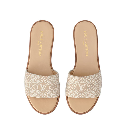 L-O-U-I-S V-U-I-T-T-O-N Embroidery Flat Slippers – Official Model Women Footwear (Beige)