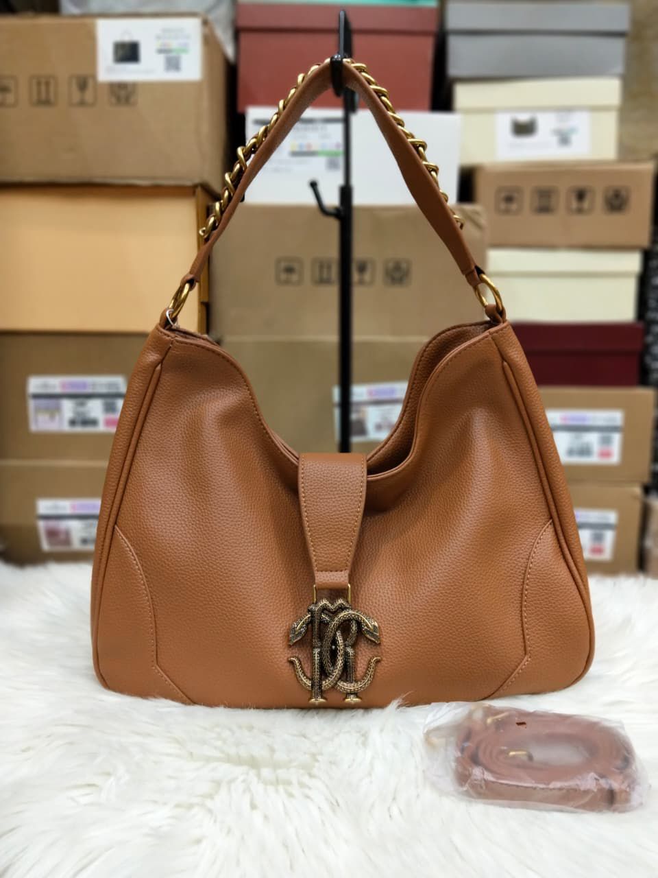 R-O-B-E-R-T-O C-A-V-A-L-L-I Chain Detail Shoulder Women Bag – Elegant Edition (Brown)