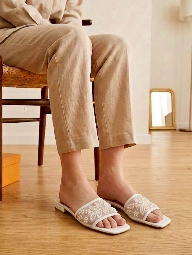 Z-A-R-A Embroidered Pearl Flat Slippers – Elegant Women Footwear (White)