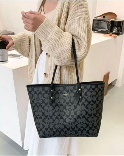 C-O-A-C-H City Zipper Tote Women Bag – Signature Canvas Edition (Black/Grey)