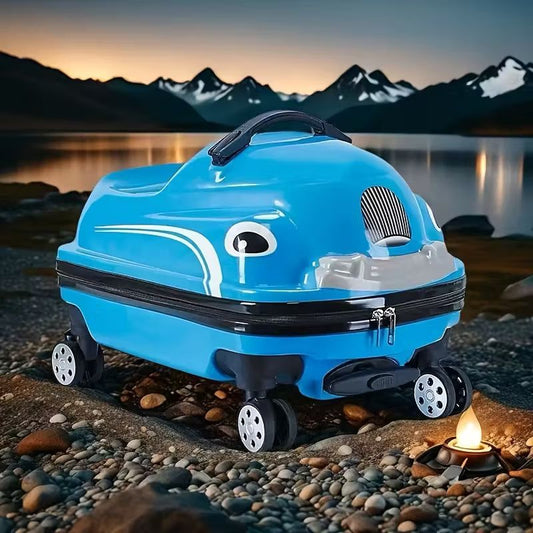 Kids 20-Inch 3D Cartoon Trolley Luggage – Ride-On Suitcase (Blue)