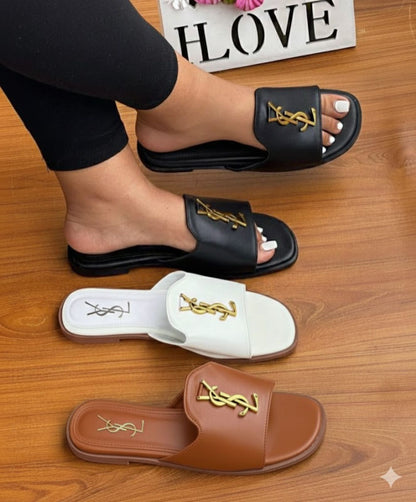 Y-S-L S-a-i-n-t L-a-u-r-e-n-t Flat Slippers – Official Model Women Footwear (Black)