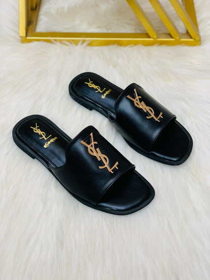 Y-S-L S-a-i-n-t L-a-u-r-e-n-t Flat Slippers – Official Model Women Footwear (Black)