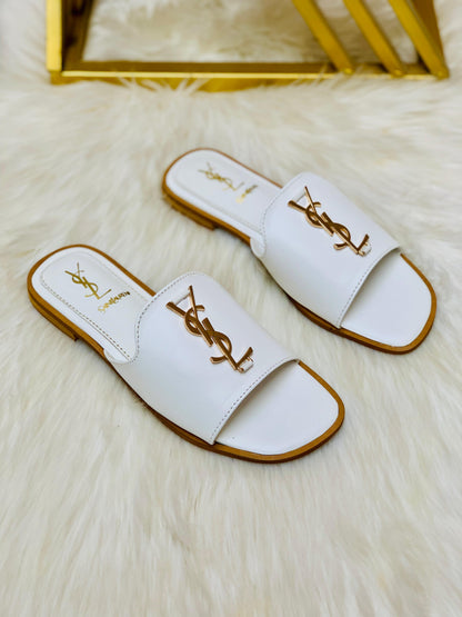 Y-S-L S-a-i-n-t L-a-u-r-e-n-t Flat Slippers – Official Model Women Footwear (White)