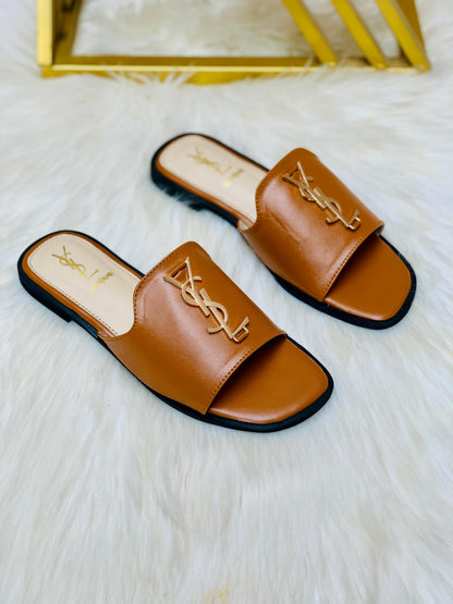 Y-S-L S-a-i-n-t L-a-u-r-e-n-t Flat Slippers – Official Model Women Footwear (Brown)
