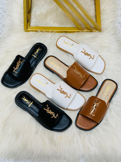 Y-S-L S-a-i-n-t L-a-u-r-e-n-t Flat Slippers – Official Model Women Footwear (Black)