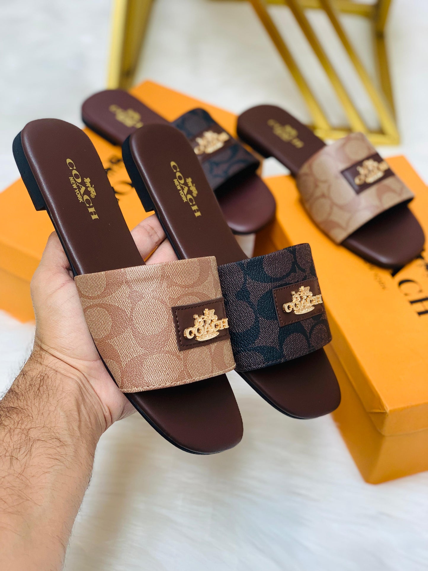 C-O-A-C-H Flat Slippers – Official Model Women Footwear (Brown/Beige)