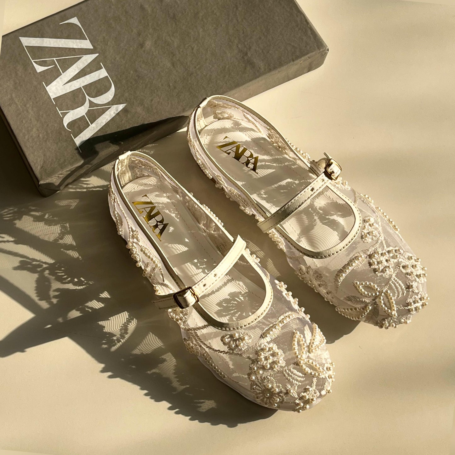 Z-A-R-A Net Pearl Embroidered Flats – Elegant Women Footwear (White)