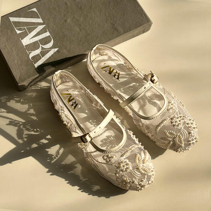 Z-A-R-A Net Pearl Embroidered Flats – Elegant Women Footwear (White)