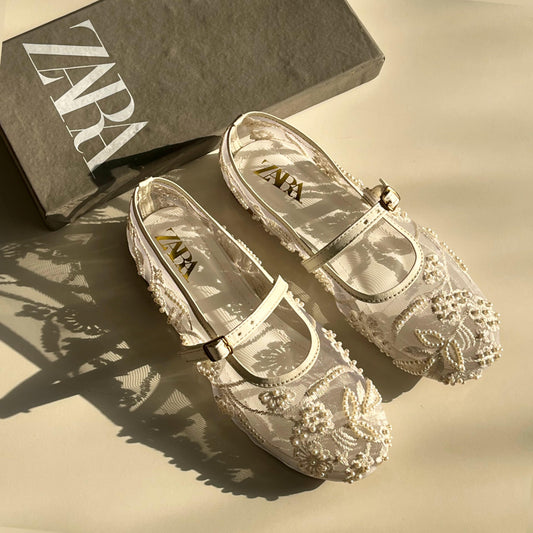 Z-A-R-A Net Pearl Embroidered Flats – Elegant Women Footwear (White)