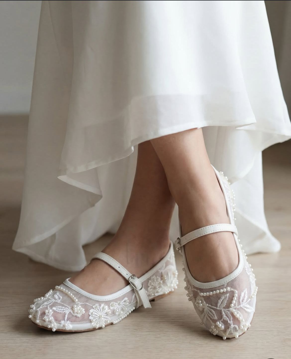 Z-A-R-A Net Pearl Embroidered Flats – Elegant Women Footwear (White)