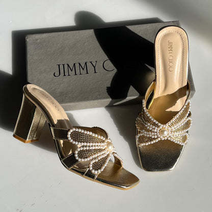J-I-M-M-Y C-H-O-O Pearl Heels – Elegant Women Footwear (Gold)